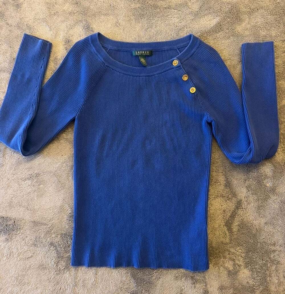 LAUREN RALPH LAUREN Women's Soft Cotton Shoulder-Button Crewneck Sweater Size L